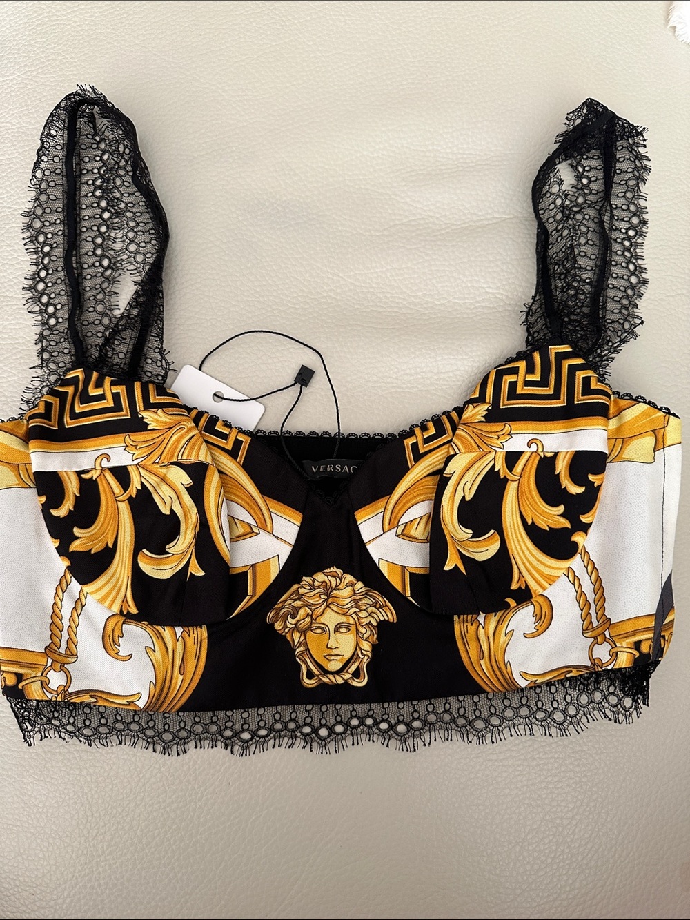 Versace Black & Gold Baroque Lace Bralette Top